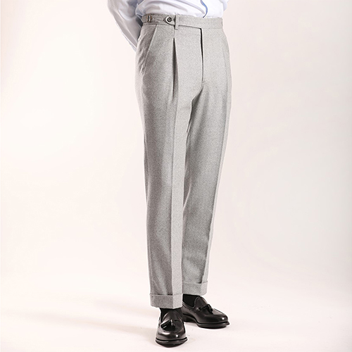 메버릭 Beltless 1 Pleat Trousers - Herringbone Light Grey